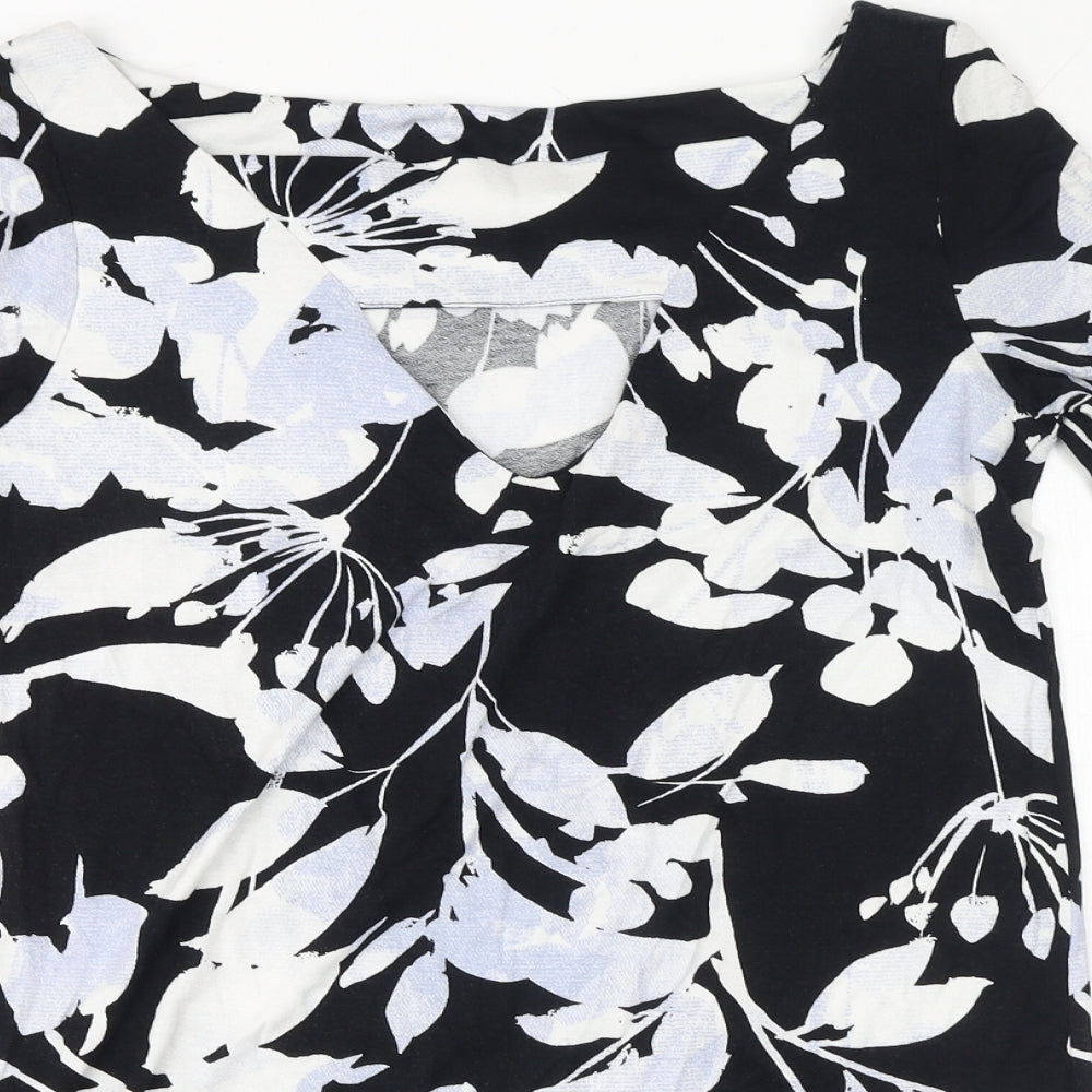 Marks and Spencer Womens Black Floral Viscose Basic T-Shirt Size 10 V-Neck - Flare sleeve