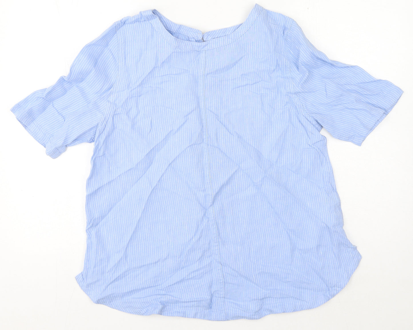 Marks and Spencer Womens Blue Striped Linen Basic Blouse Size 14 Round Neck