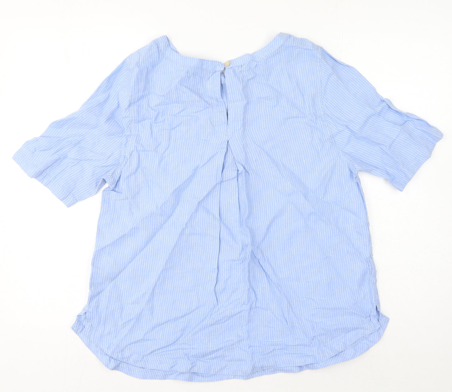 Marks and Spencer Womens Blue Striped Linen Basic Blouse Size 14 Round Neck