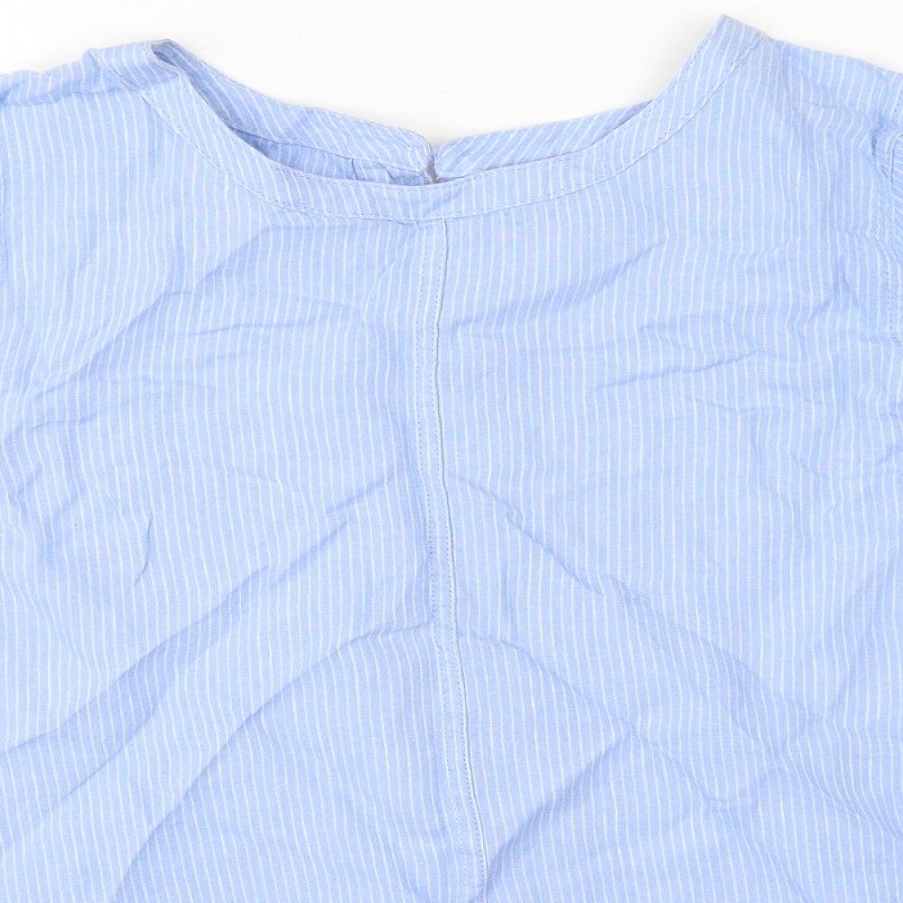 Marks and Spencer Womens Blue Striped Linen Basic Blouse Size 14 Round Neck