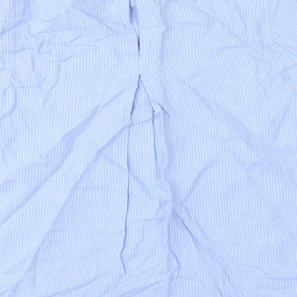 Marks and Spencer Womens Blue Striped Linen Basic Blouse Size 14 Round Neck