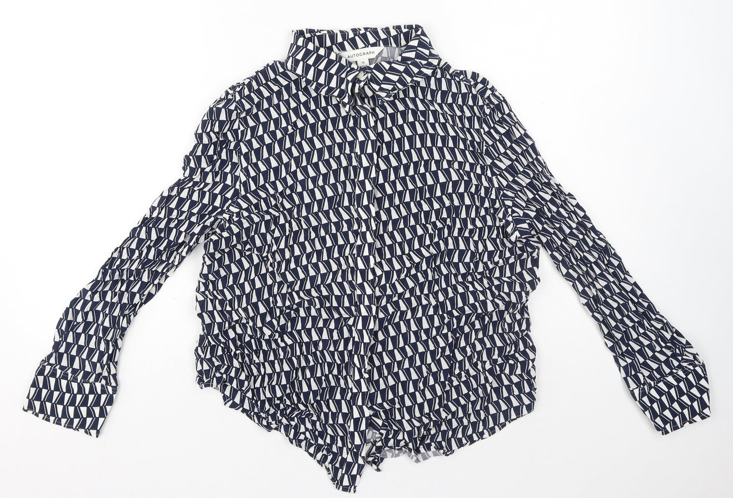 Autograph Womens Blue Geometric Cupro Basic Button-Up Size 14 Collared