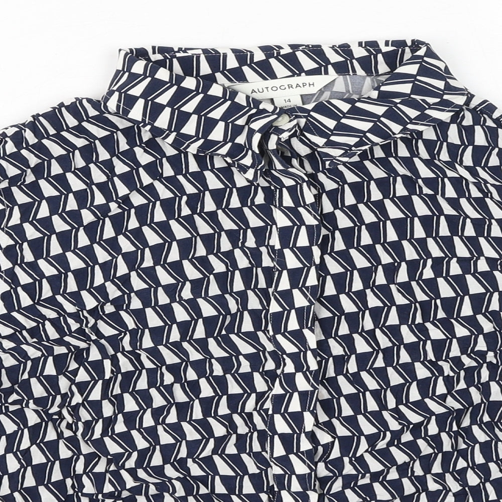 Autograph Womens Blue Geometric Cupro Basic Button-Up Size 14 Collared
