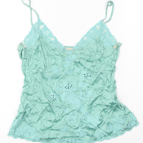 Karen Millen Womens Green Silk Camisole Tank Size 10 Sweetheart - Floral Embroidery