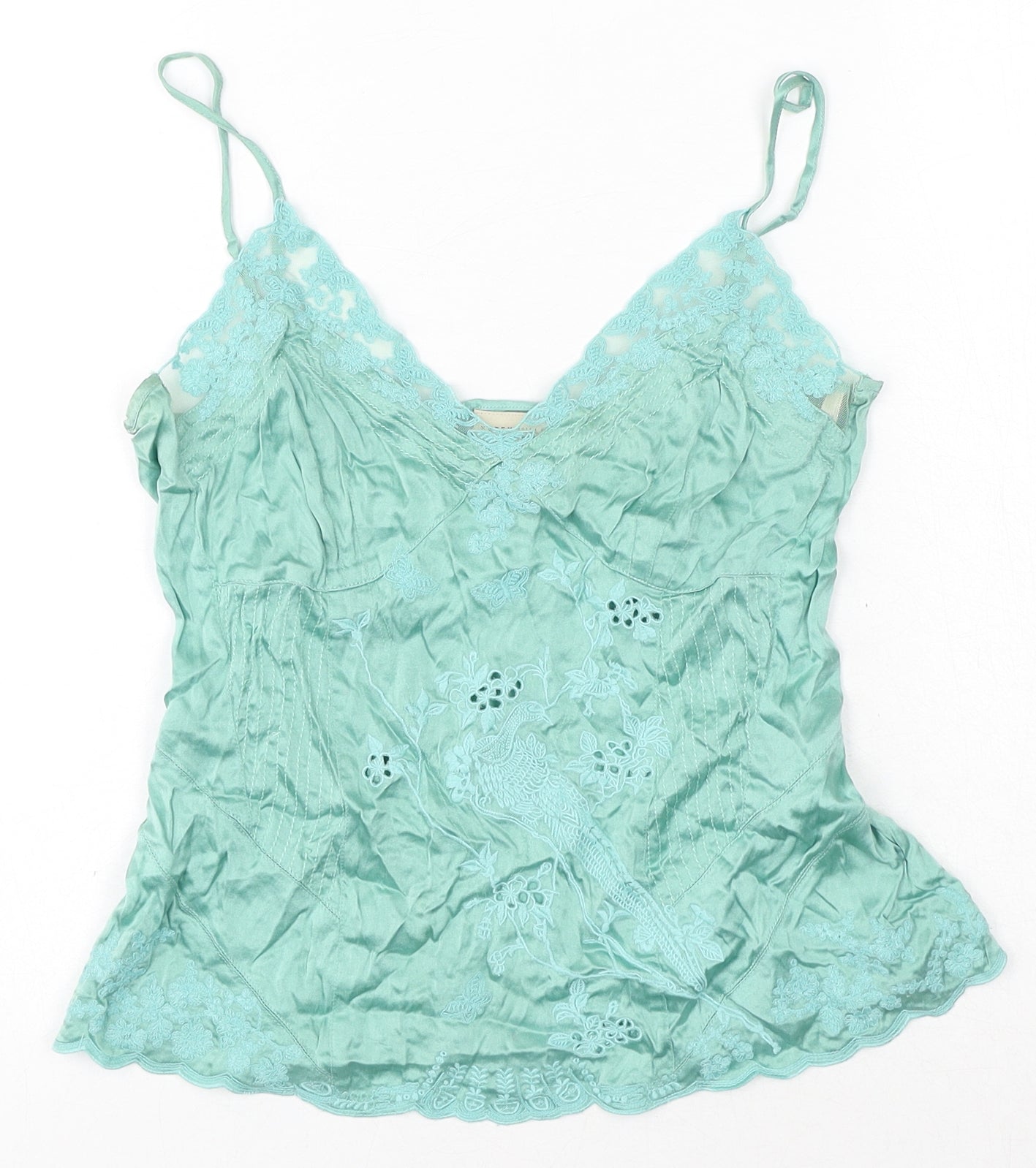 Karen Millen Womens Green Silk Camisole Tank Size 10 Sweetheart - Floral Embroidery