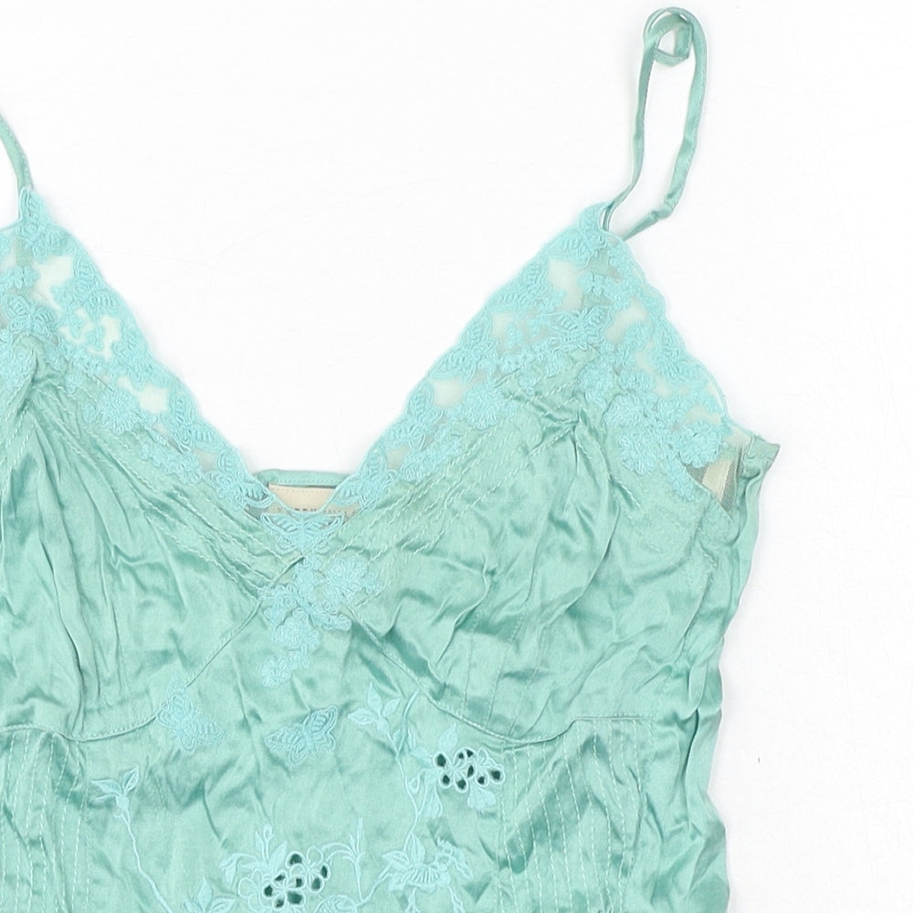 Karen Millen Womens Green Silk Camisole Tank Size 10 Sweetheart - Floral Embroidery