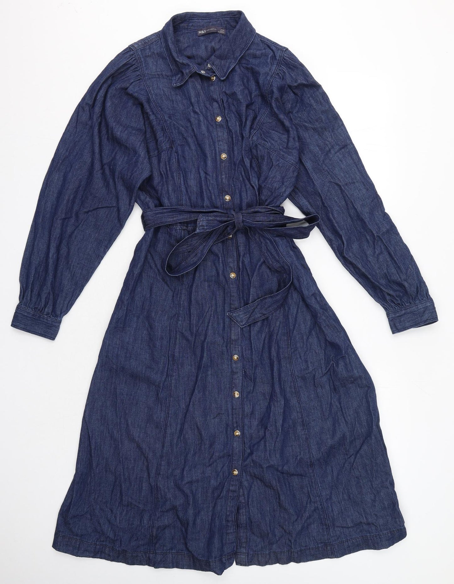 Marks and Spencer Womens Blue Cotton Shirt Dress Size 16 Collared Button - Denim, Tie Waist
