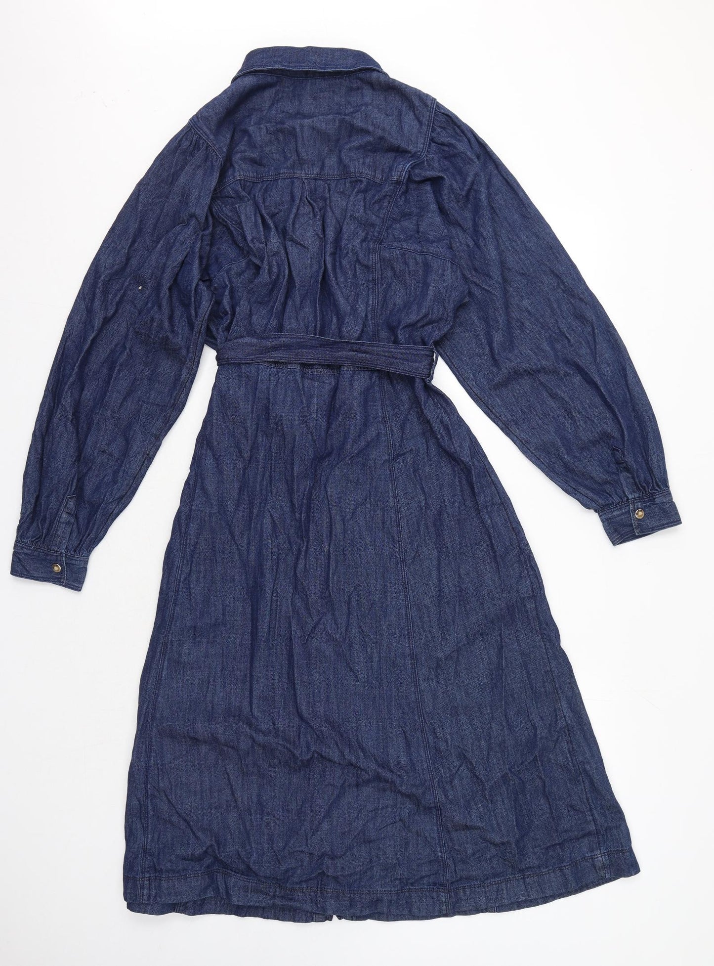 Marks and Spencer Womens Blue Cotton Shirt Dress Size 16 Collared Button - Denim, Tie Waist