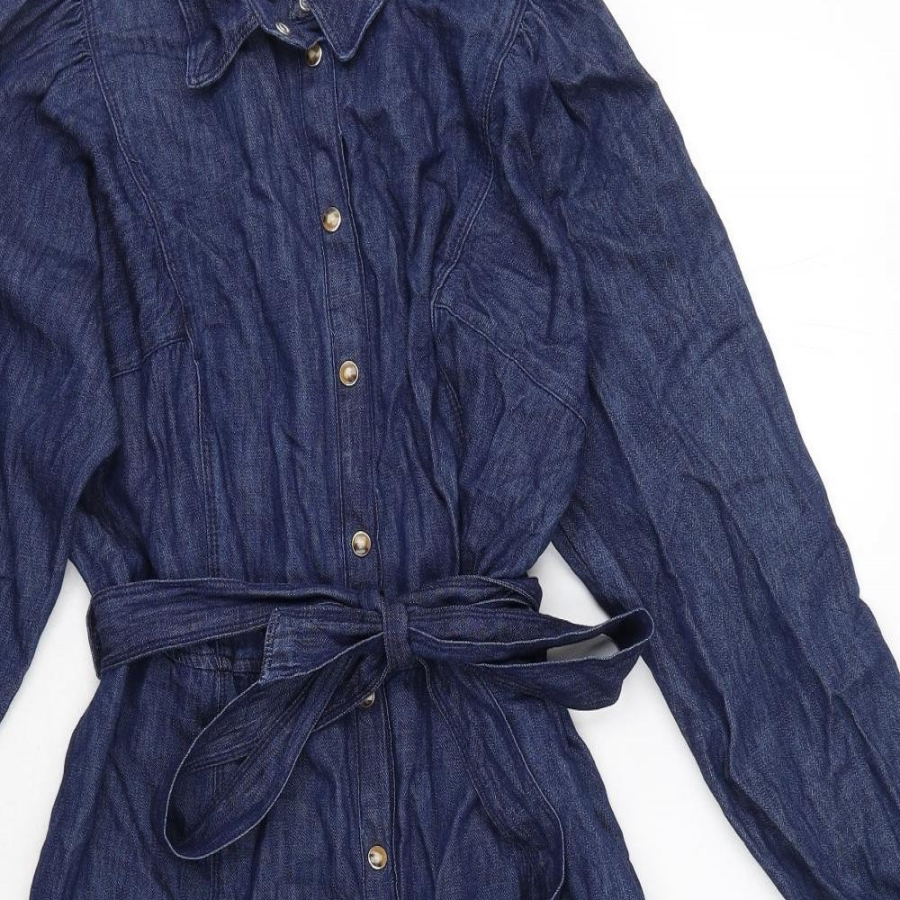 Marks and Spencer Womens Blue Cotton Shirt Dress Size 16 Collared Button - Denim, Tie Waist