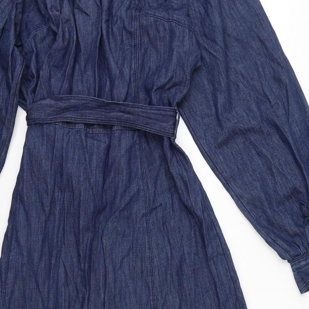 Marks and Spencer Womens Blue Cotton Shirt Dress Size 16 Collared Button - Denim, Tie Waist