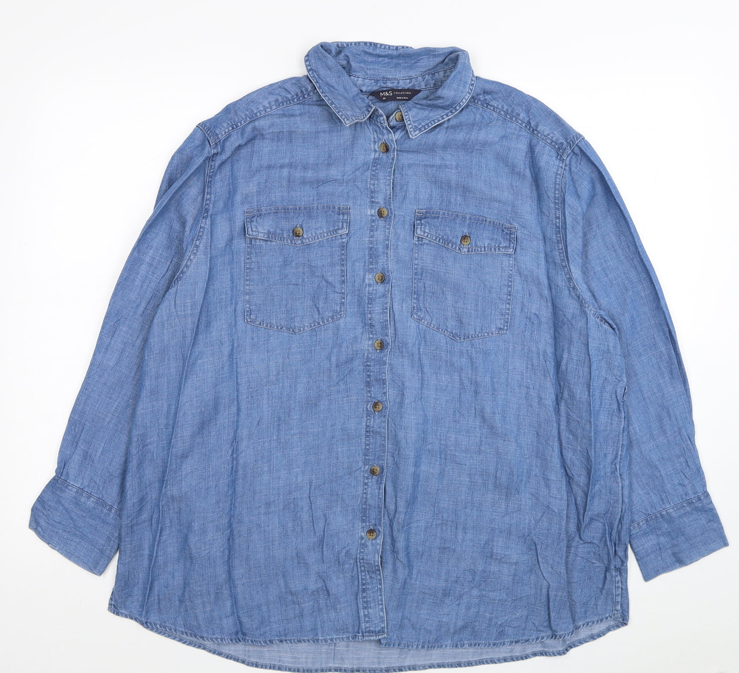 Marks and Spencer Womens Blue Lyocell Basic Button-Up Size 14 Collared