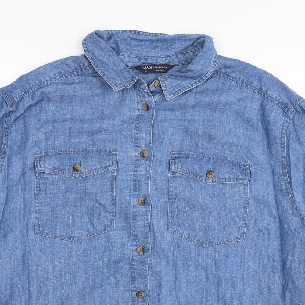 Marks and Spencer Womens Blue Lyocell Basic Button-Up Size 14 Collared