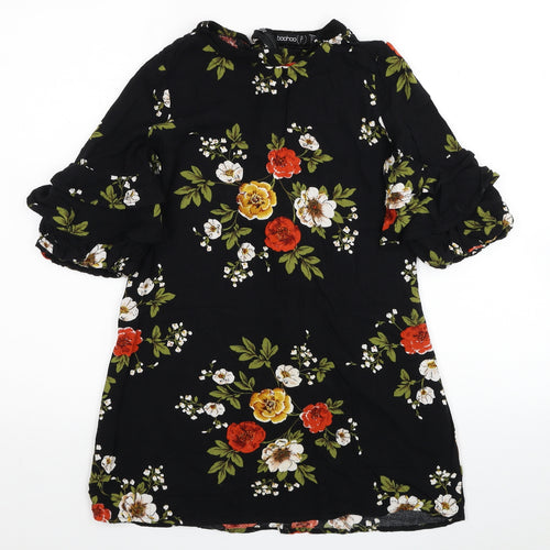 Boohoo Womens Black Floral Viscose T-Shirt Dress Size 4 Round Neck Zip