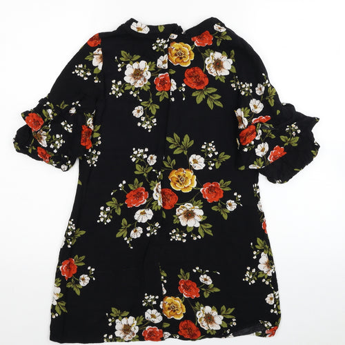 Boohoo Womens Black Floral Viscose T-Shirt Dress Size 4 Round Neck Zip