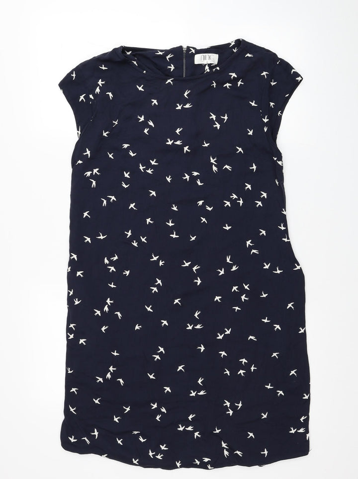 Debenhams Womens Blue Geometric Viscose T-Shirt Dress Size 10 Scoop Neck Zip - Bird Print