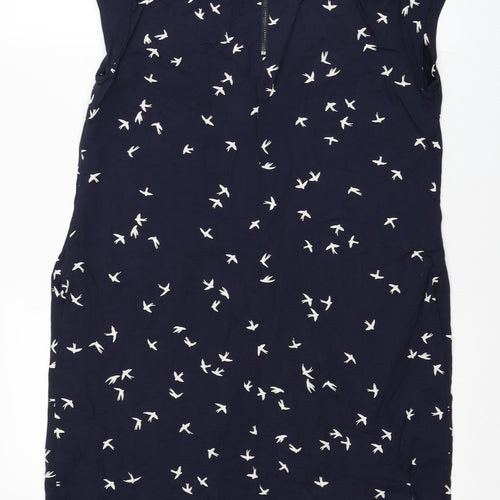 Debenhams Womens Blue Geometric Viscose T-Shirt Dress Size 10 Scoop Neck Zip - Bird Print