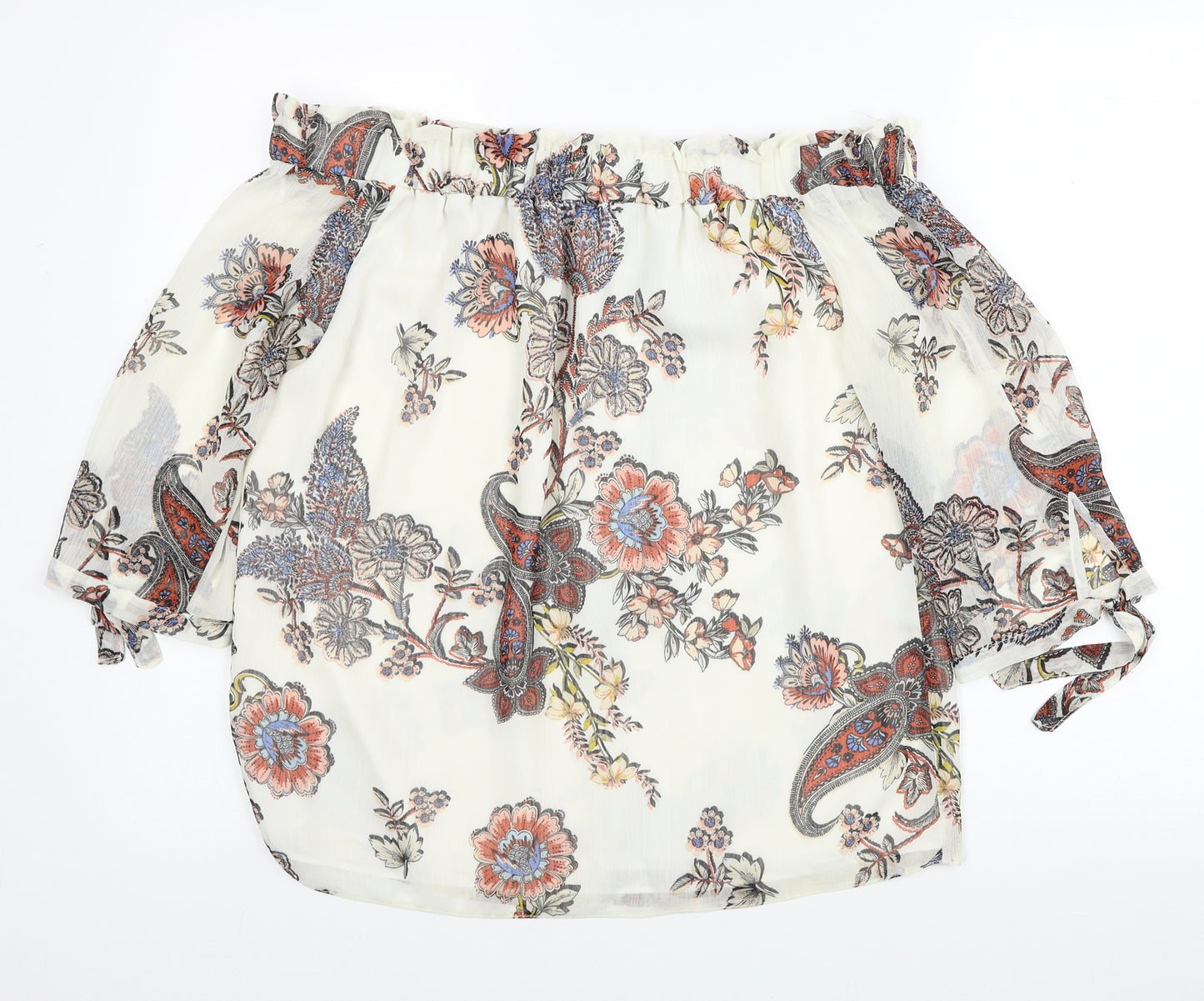 F&F Womens Ivory Floral Polyester Basic Blouse Size 10 Off the Shoulder