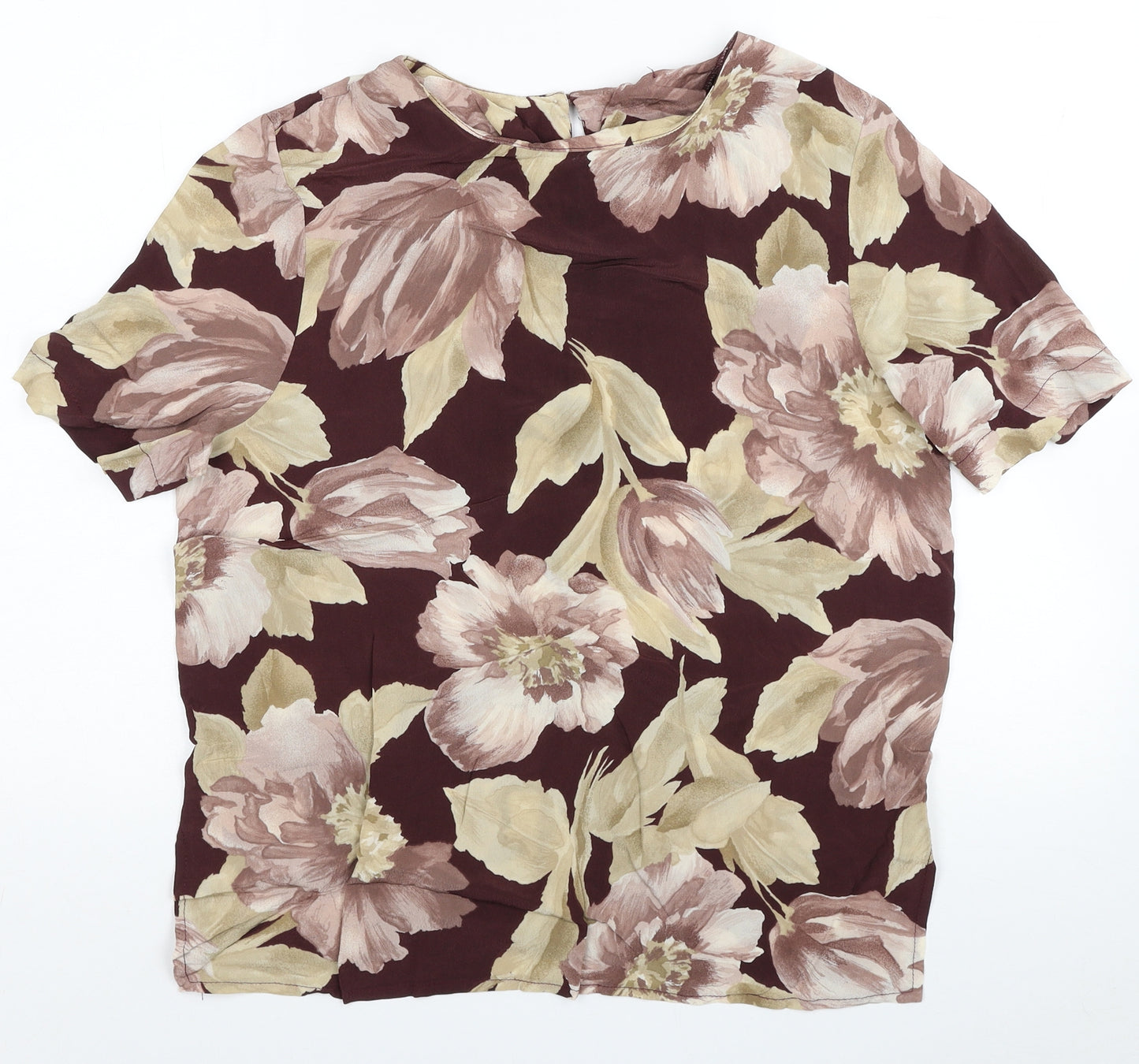 Preworn Womens Red Floral Viscose Basic Blouse Size 14 Boat Neck