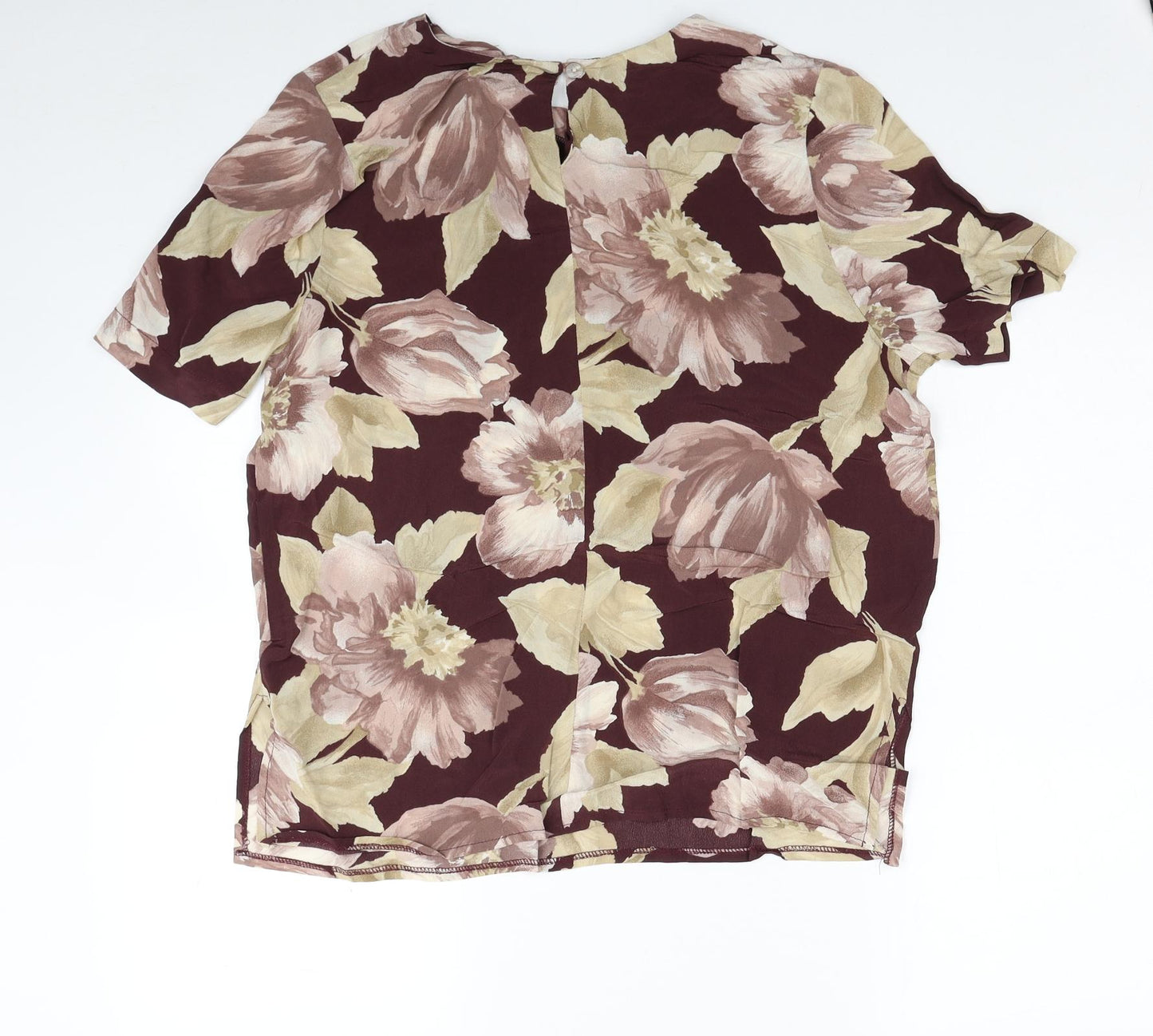 Preworn Womens Red Floral Viscose Basic Blouse Size 14 Boat Neck