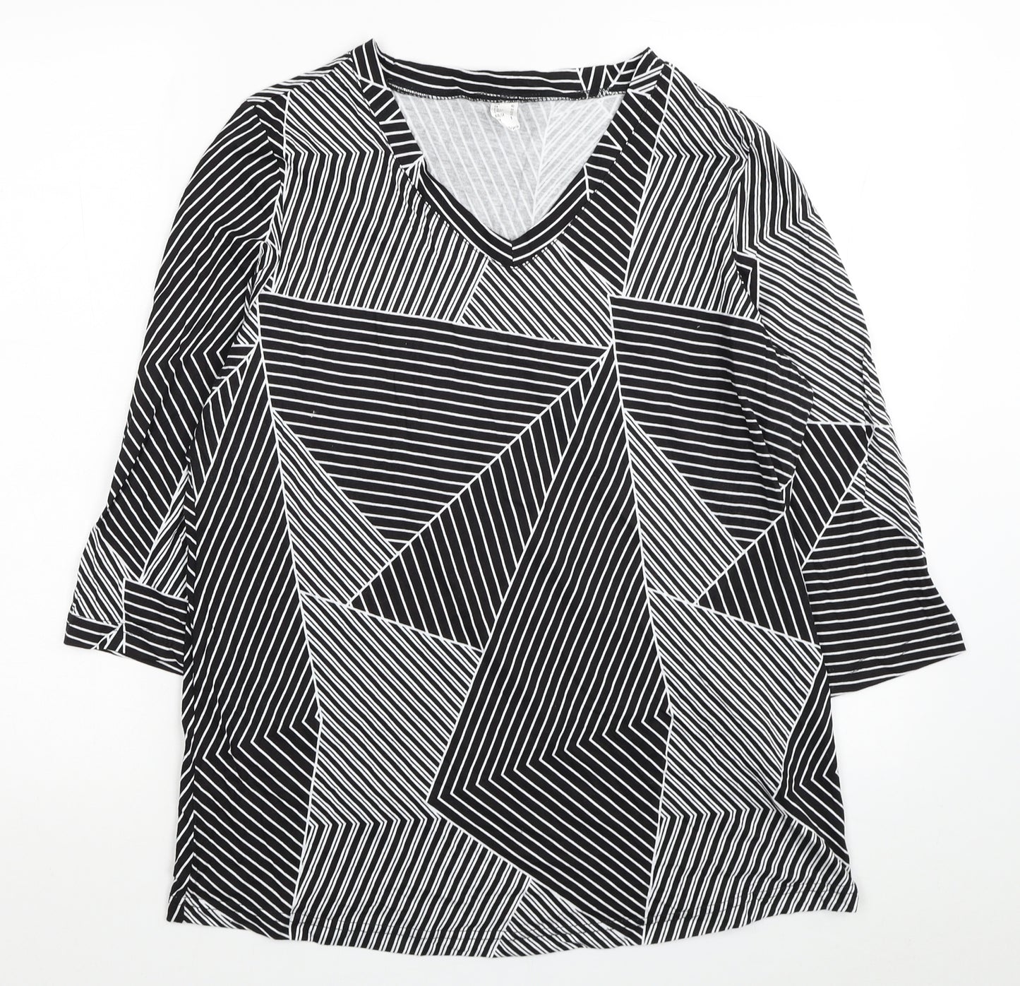 Yanev Womens Black Geometric Cotton Basic Blouse Size 14 V-Neck