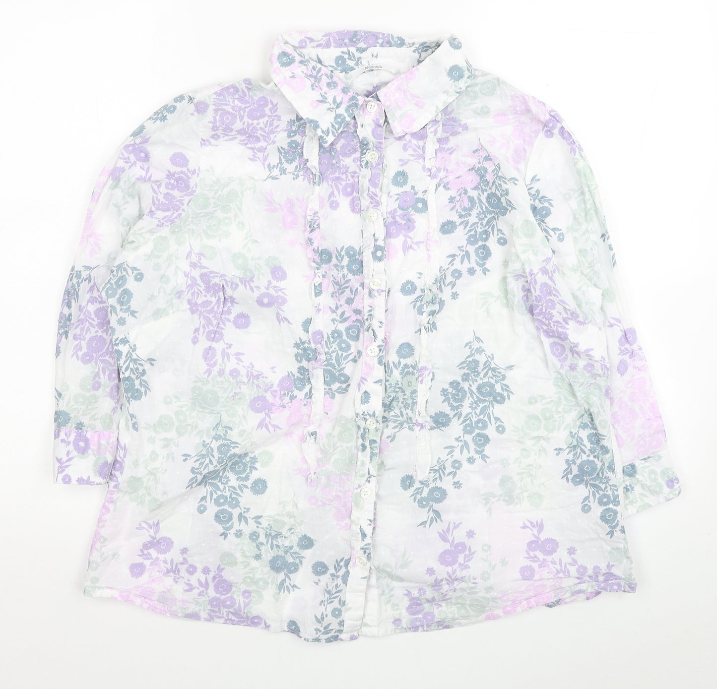 Marks and Spencer Womens White Floral Cotton Basic Blouse Size 18 Collared