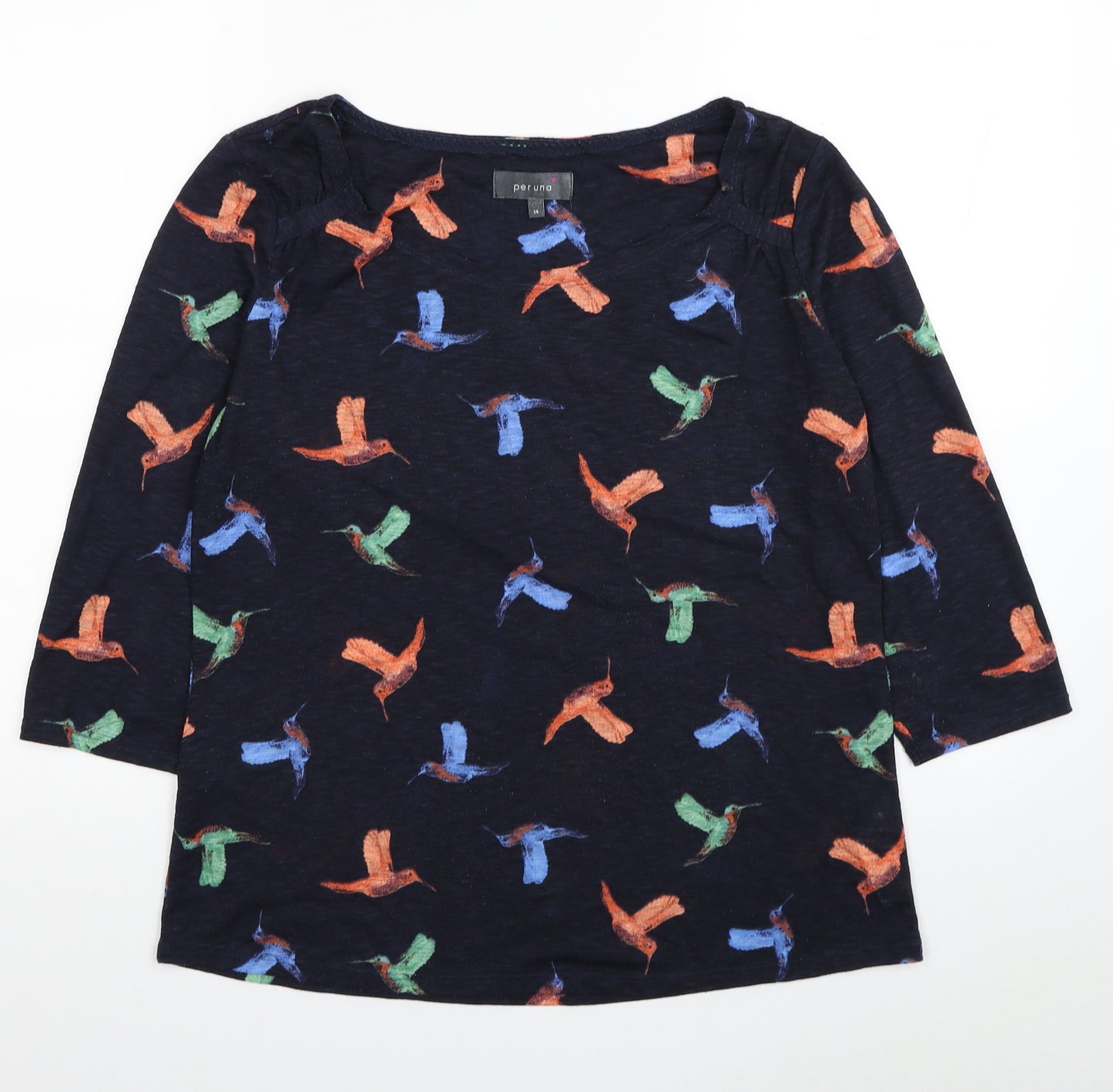Marks and Spencer Womens Blue Geometric Polyester Basic T-Shirt Size 14 Boat Neck - Bird Print