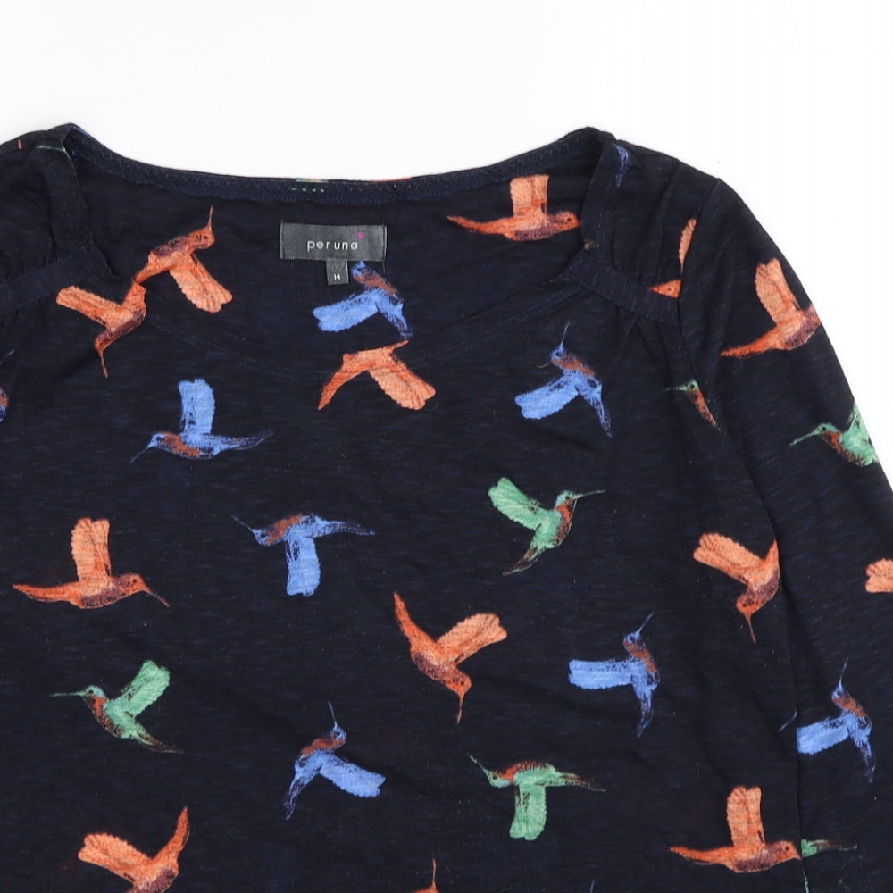 Marks and Spencer Womens Blue Geometric Polyester Basic T-Shirt Size 14 Boat Neck - Bird Print