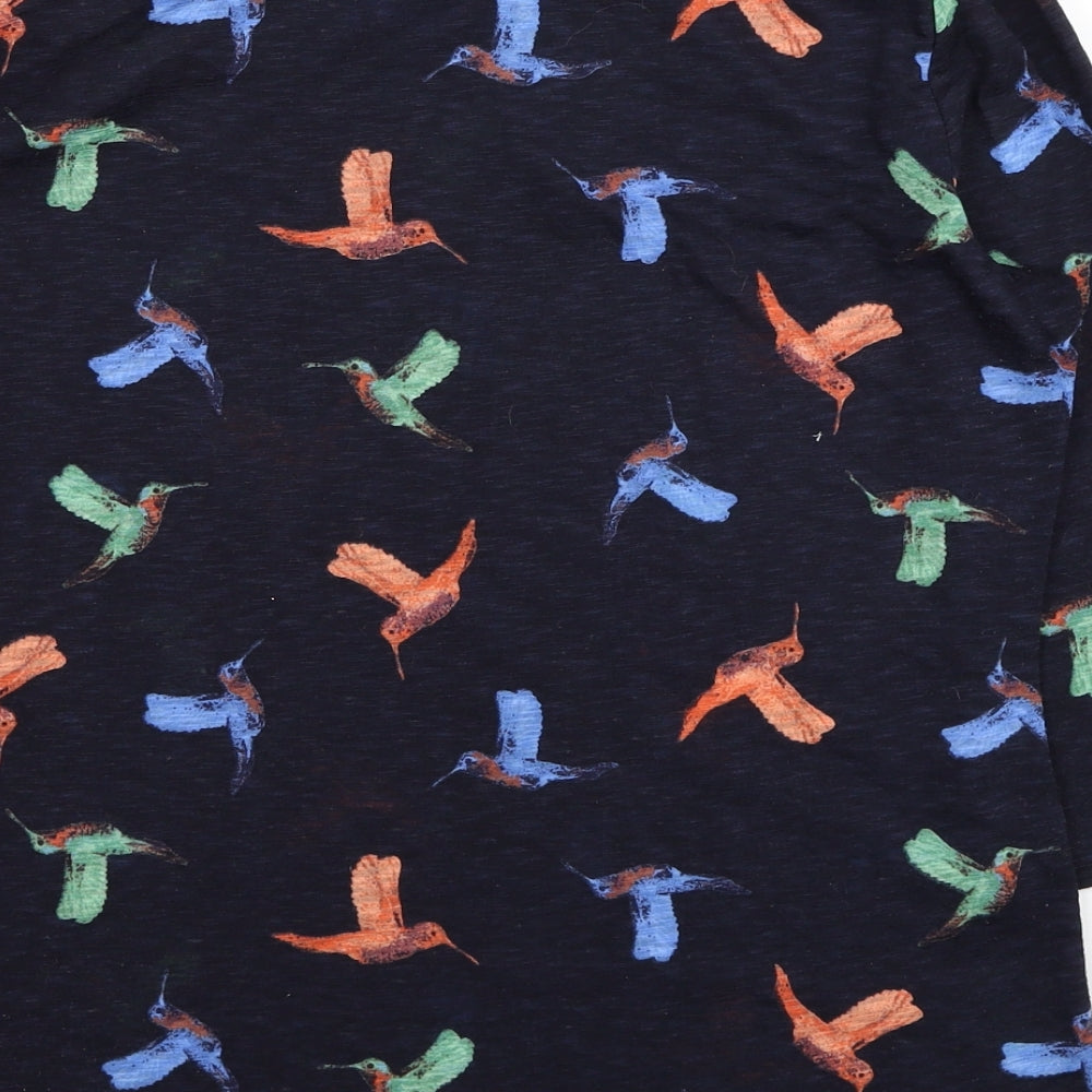 Marks and Spencer Womens Blue Geometric Polyester Basic T-Shirt Size 14 Boat Neck - Bird Print