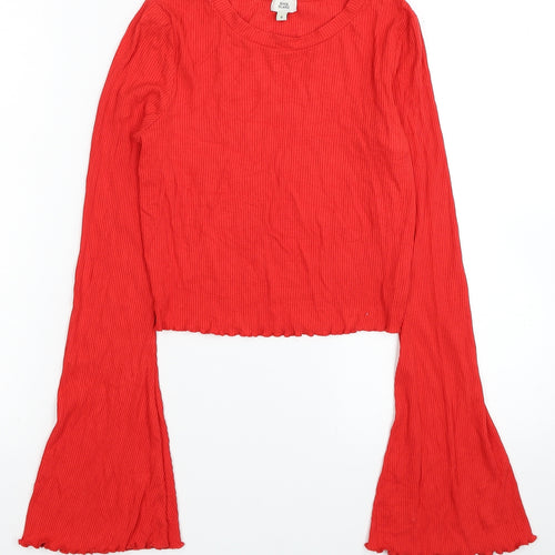 River Island Womens Red Viscose Cropped Blouse Size 6 Scoop Neck - Flared Sleeves