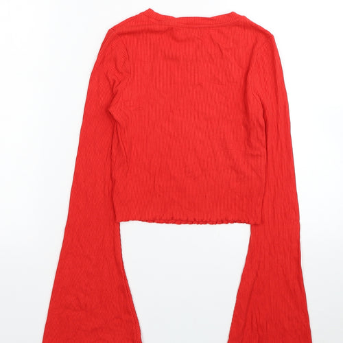 River Island Womens Red Viscose Cropped Blouse Size 6 Scoop Neck - Flared Sleeves