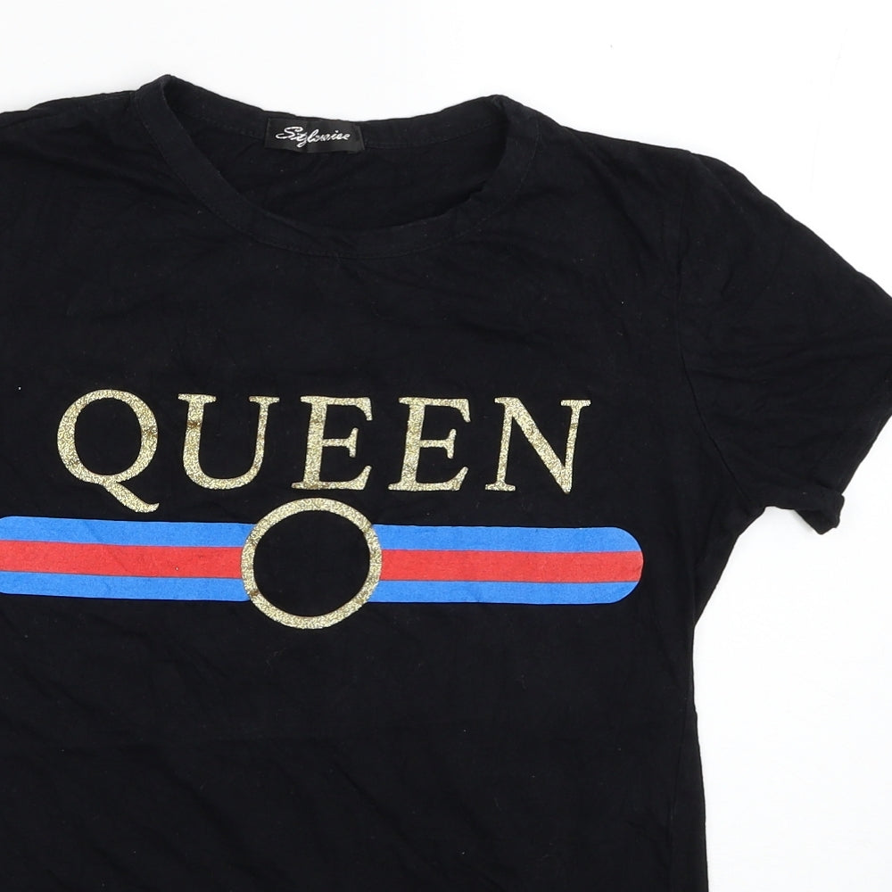 Stylewise Womens Black Cotton Basic T-Shirt Size S Round Neck - Queen