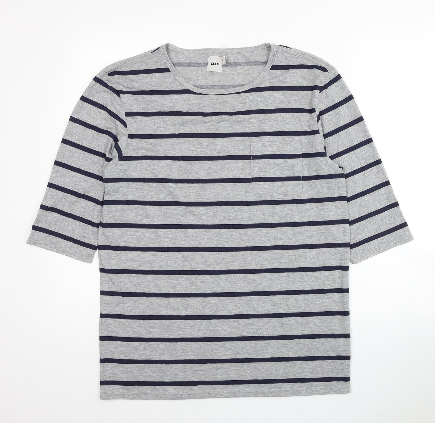 ASOS Womens Grey Striped Cotton Basic T-Shirt Size L Round Neck
