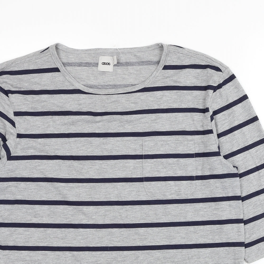 ASOS Womens Grey Striped Cotton Basic T-Shirt Size L Round Neck