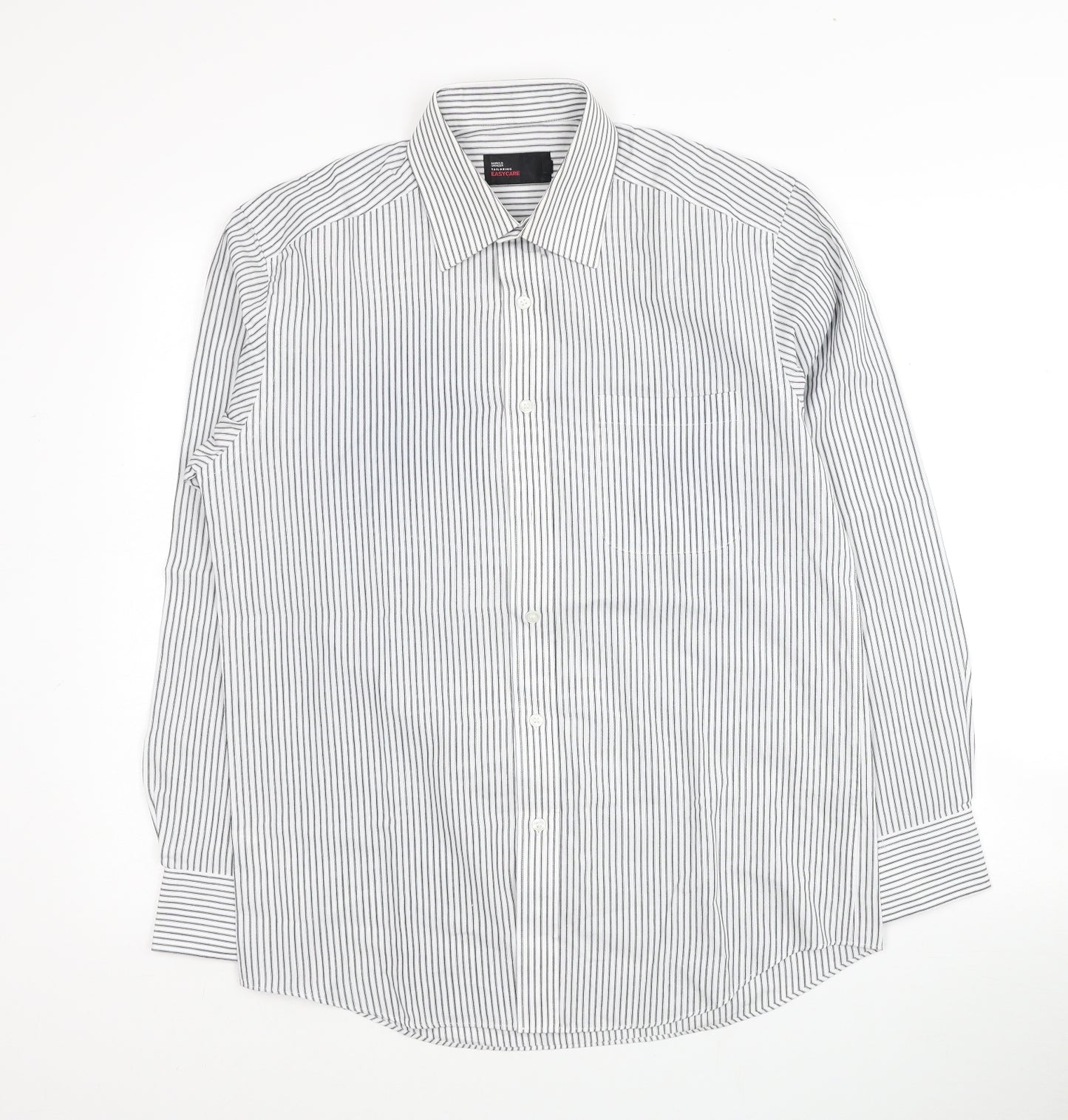 Marks and Spencer Mens White Striped Cotton Dress Shirt Size 38 Collared Button - Tailored