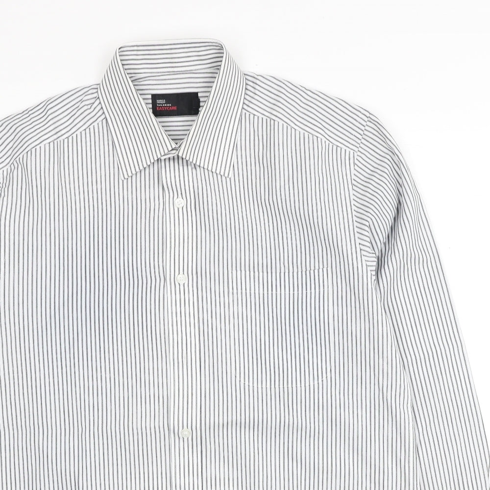 Marks and Spencer Mens White Striped Cotton Dress Shirt Size 38 Collared Button - Tailored