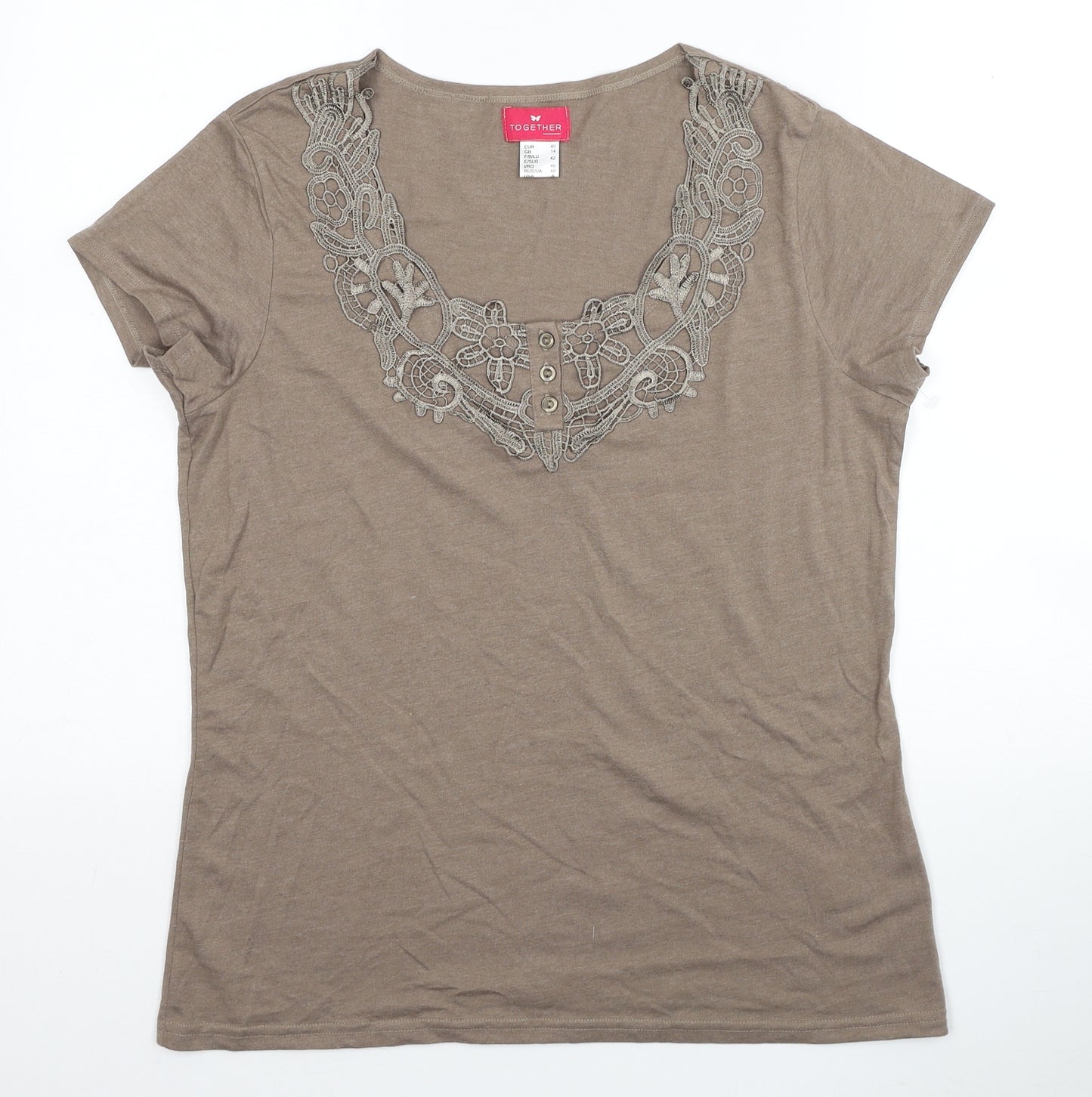 Together Womens Brown Cotton Basic T-Shirt Size 14 Scoop Neck - Lace Detail