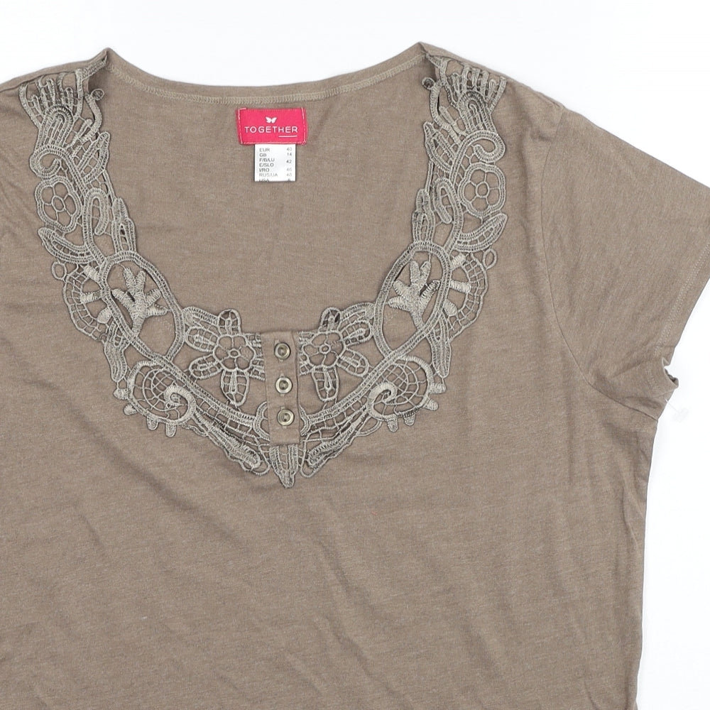 Together Womens Brown Cotton Basic T-Shirt Size 14 Scoop Neck - Lace Detail