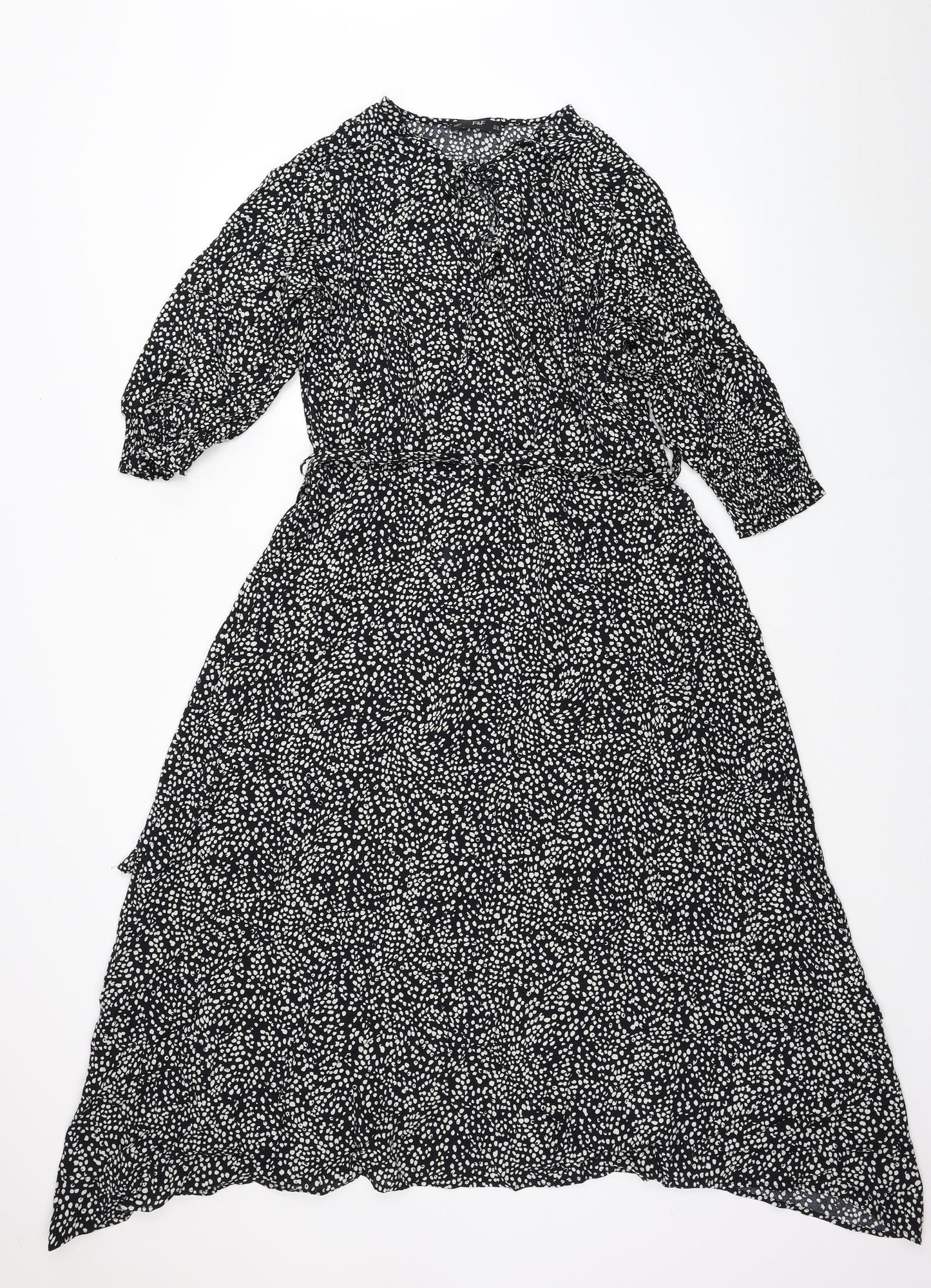 F&F Womens Black Polka Dot Viscose A-Line Size 14 V-Neck Pullover