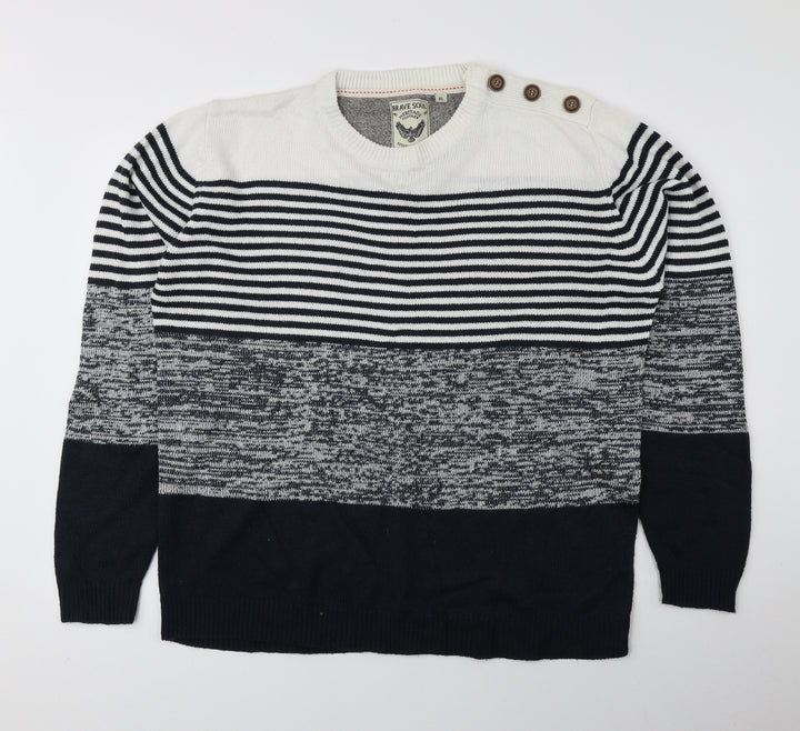 Brave Soul Mens Blue Round Neck Striped Acrylic Pullover Jumper Size XL