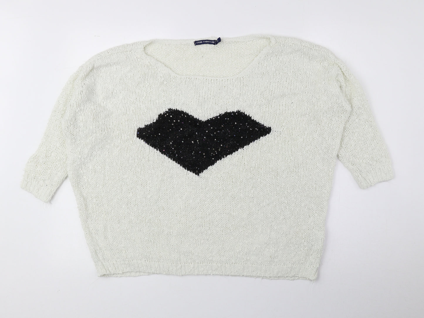 Store Twenty One Womens Ivory Round Neck Geometric Acrylic Pullover Jumper Size M