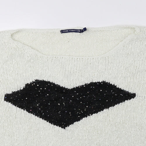 Store Twenty One Womens Ivory Round Neck Geometric Acrylic Pullover Jumper Size M