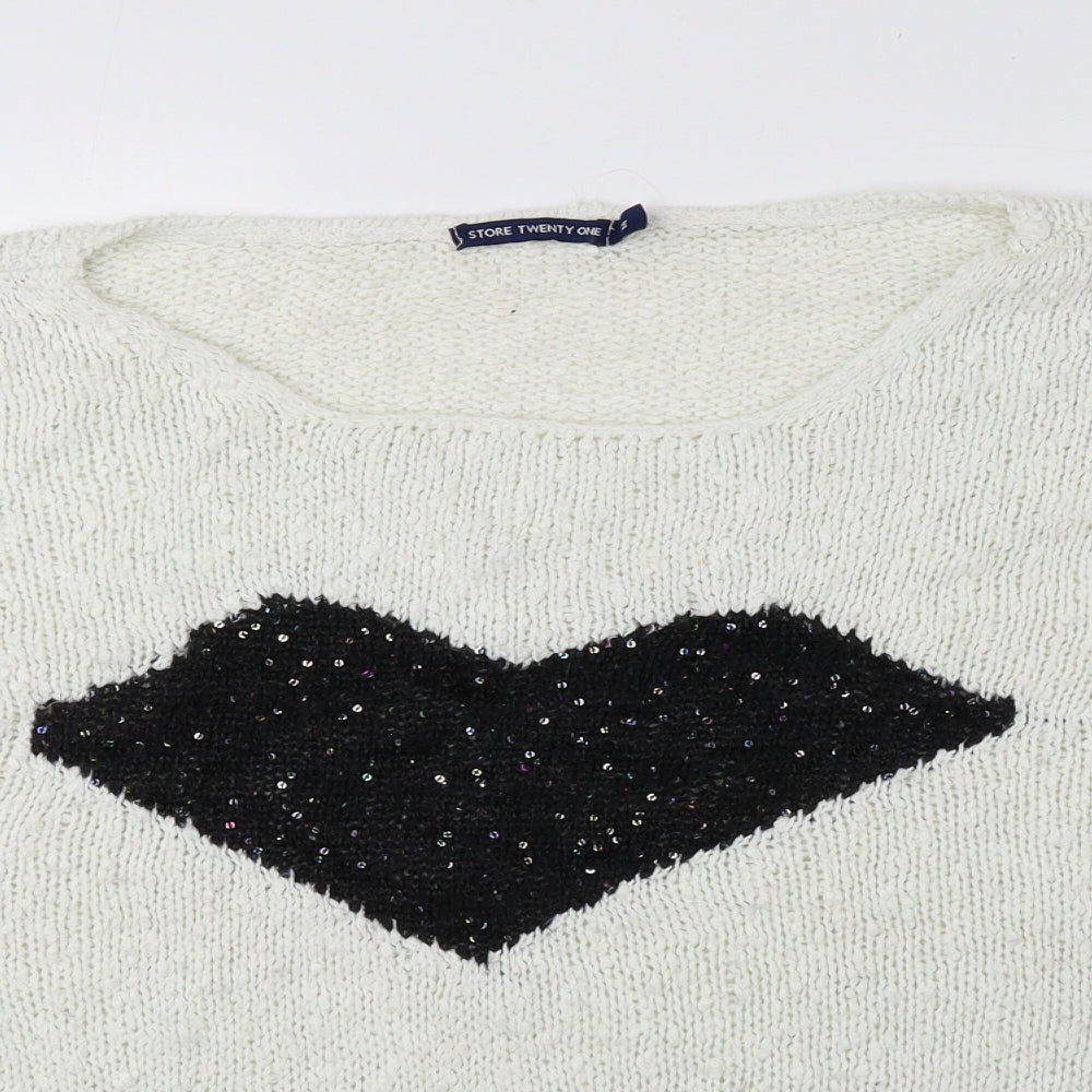 Store Twenty One Womens Ivory Round Neck Geometric Acrylic Pullover Jumper Size M