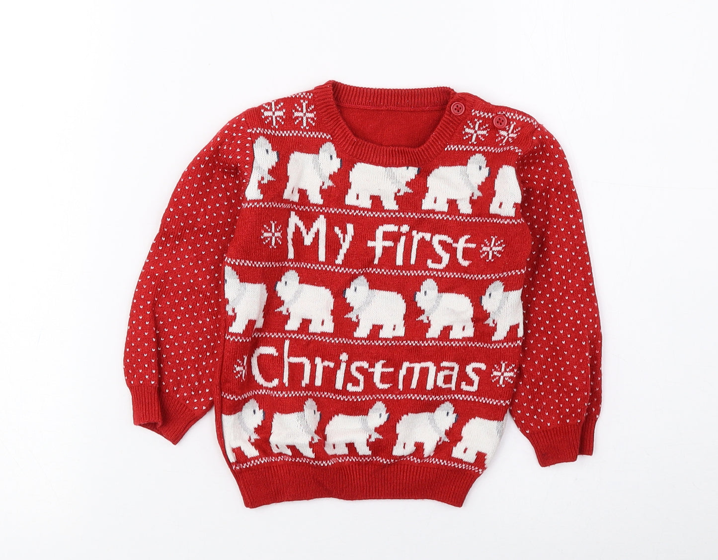 George Baby Red Geometric Acrylic Pullover Jumper Size 9-12 Months Button - Christmas Jumper
