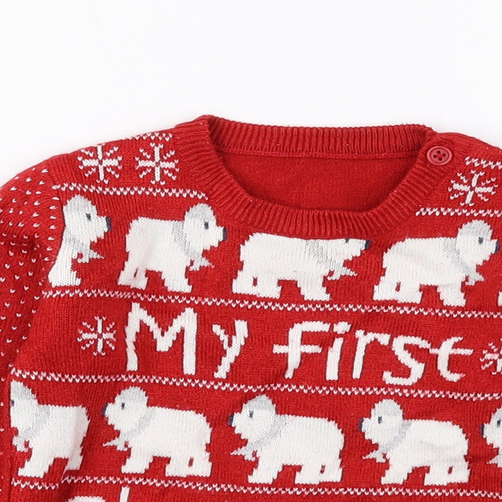 George Baby Red Geometric Acrylic Pullover Jumper Size 9-12 Months Button - Christmas Jumper