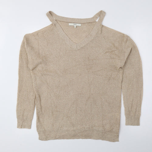 NEXT Womens Beige V-Neck Acrylic Pullover Jumper Size 10 - Cut Out Shoulders
