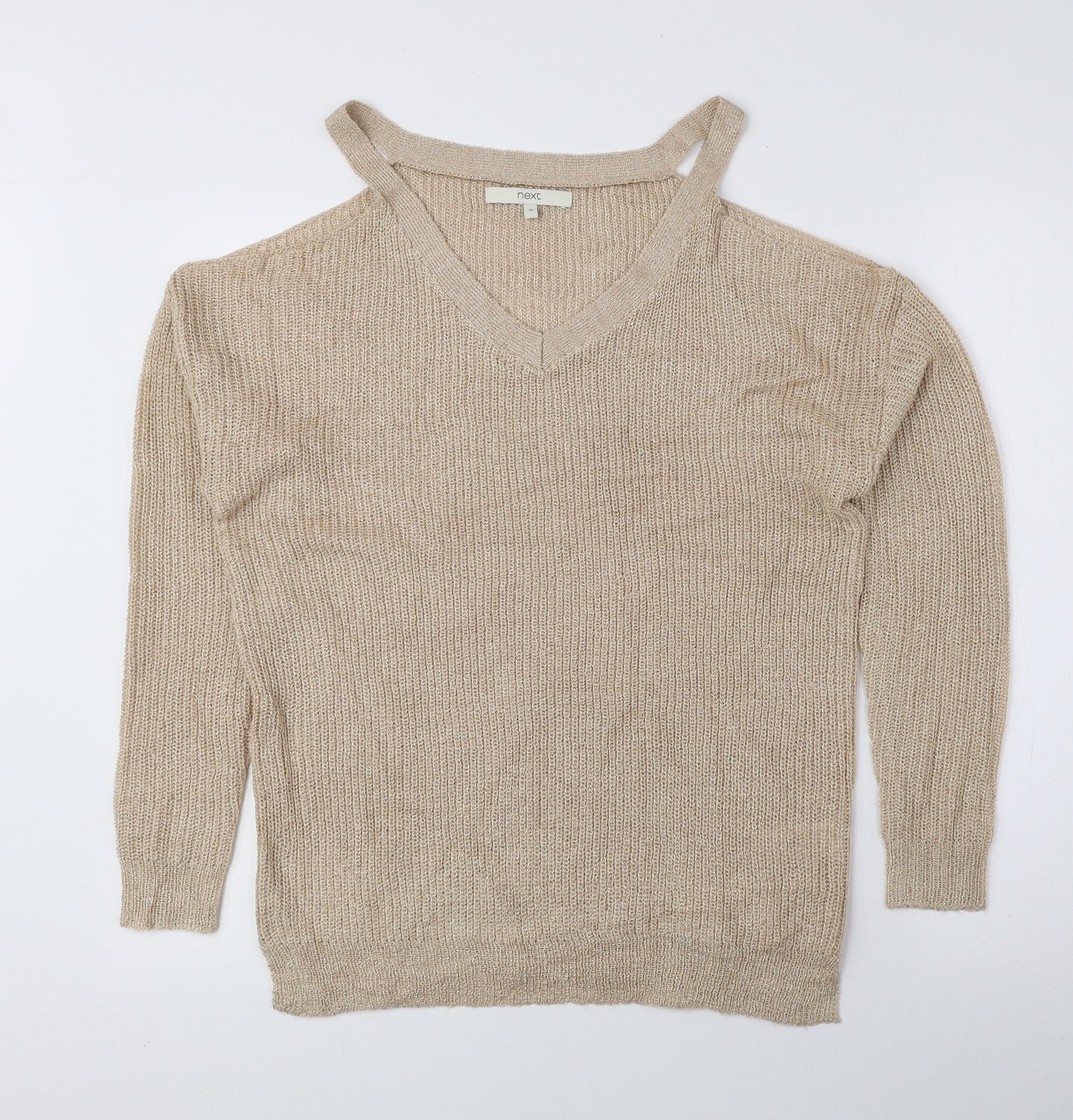 NEXT Womens Beige V-Neck Acrylic Pullover Jumper Size 10 - Cut Out Shoulders