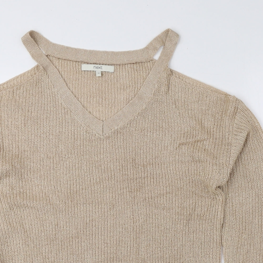 NEXT Womens Beige V-Neck Acrylic Pullover Jumper Size 10 - Cut Out Shoulders