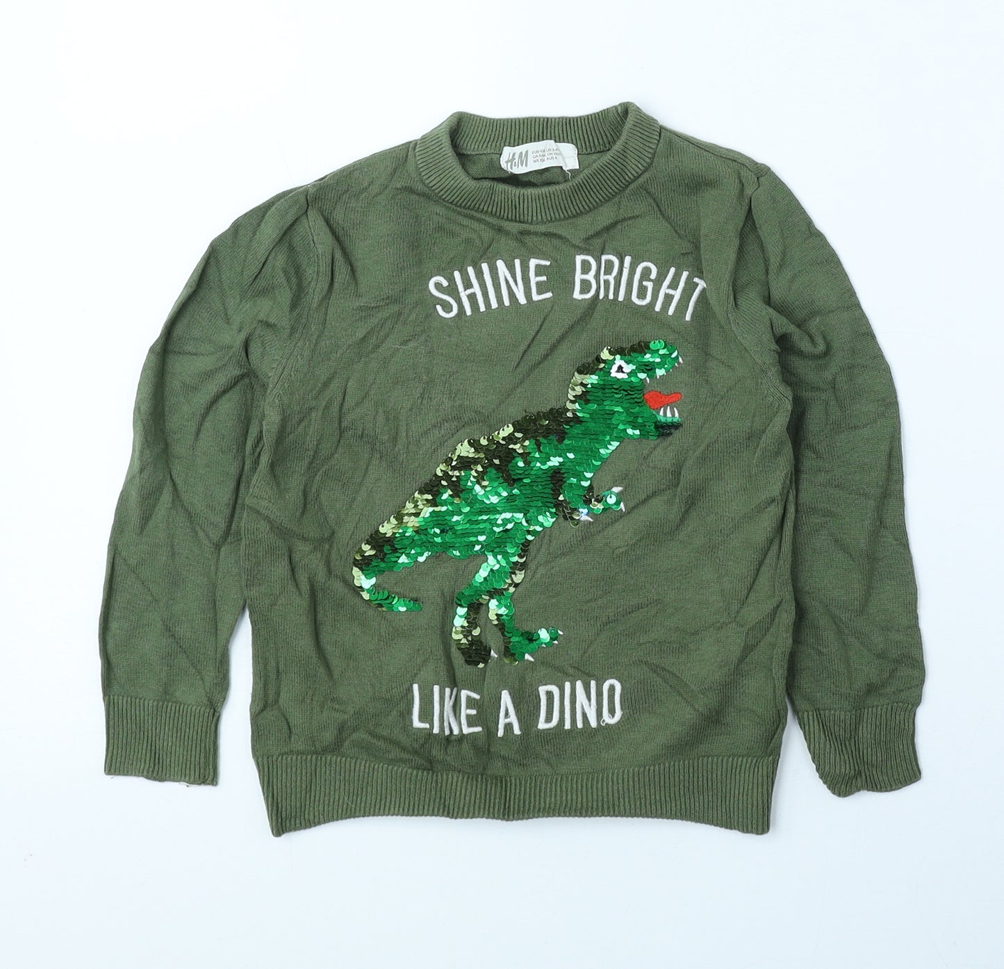 H&M Girls Green Round Neck Geometric 100% Cotton Pullover Jumper Size 4 Years Pullover - Dinosaur
