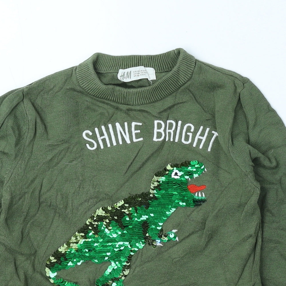 H&M Girls Green Round Neck Geometric 100% Cotton Pullover Jumper Size 4 Years Pullover - Dinosaur