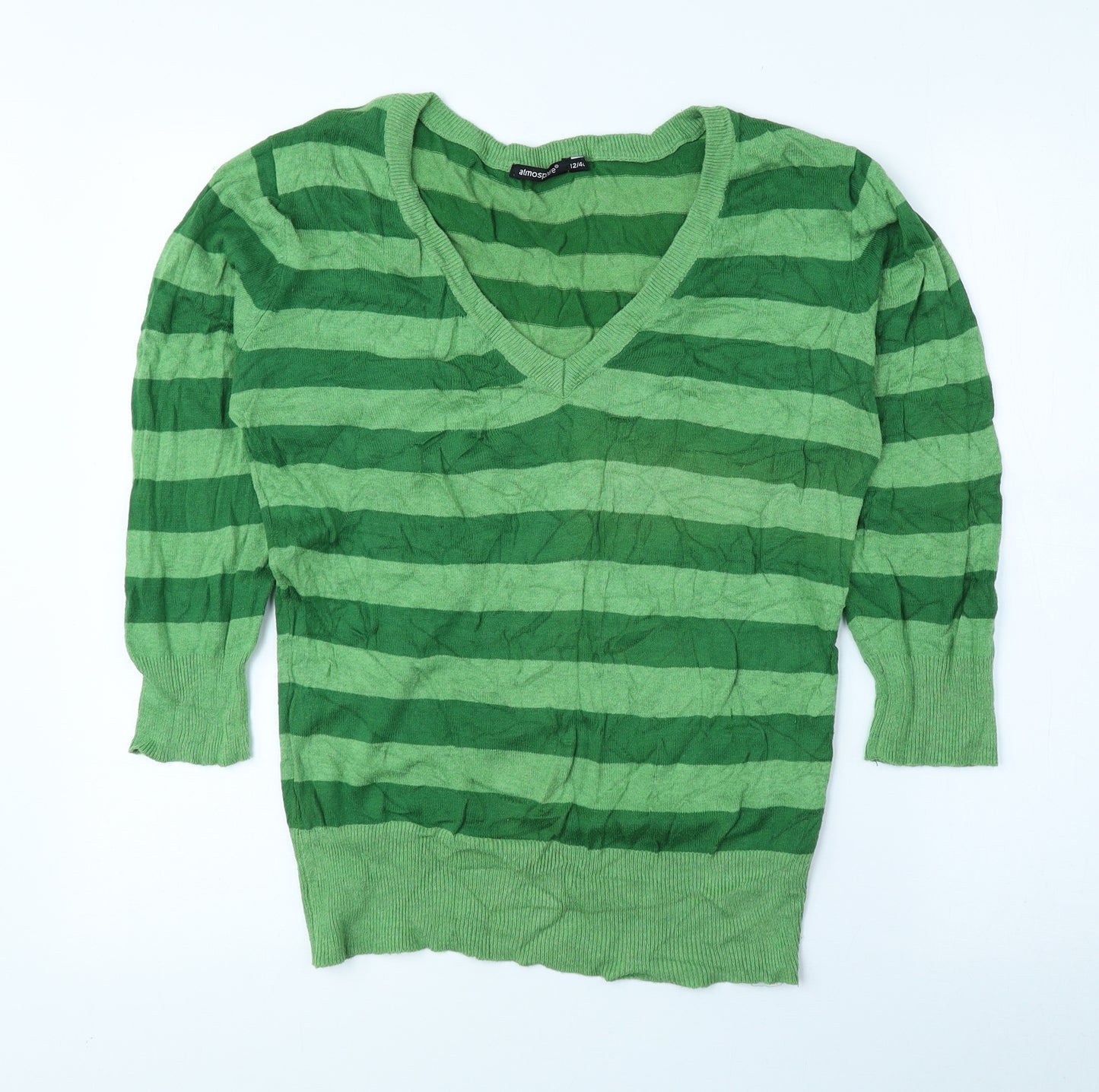 Atmosphere Womens Green V-Neck Striped Cotton Pullover Jumper Size 12